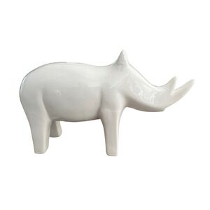 White Ceramic Rhinoceros Figurine Glossy Animal Sculpture Minimalist Decor 10"